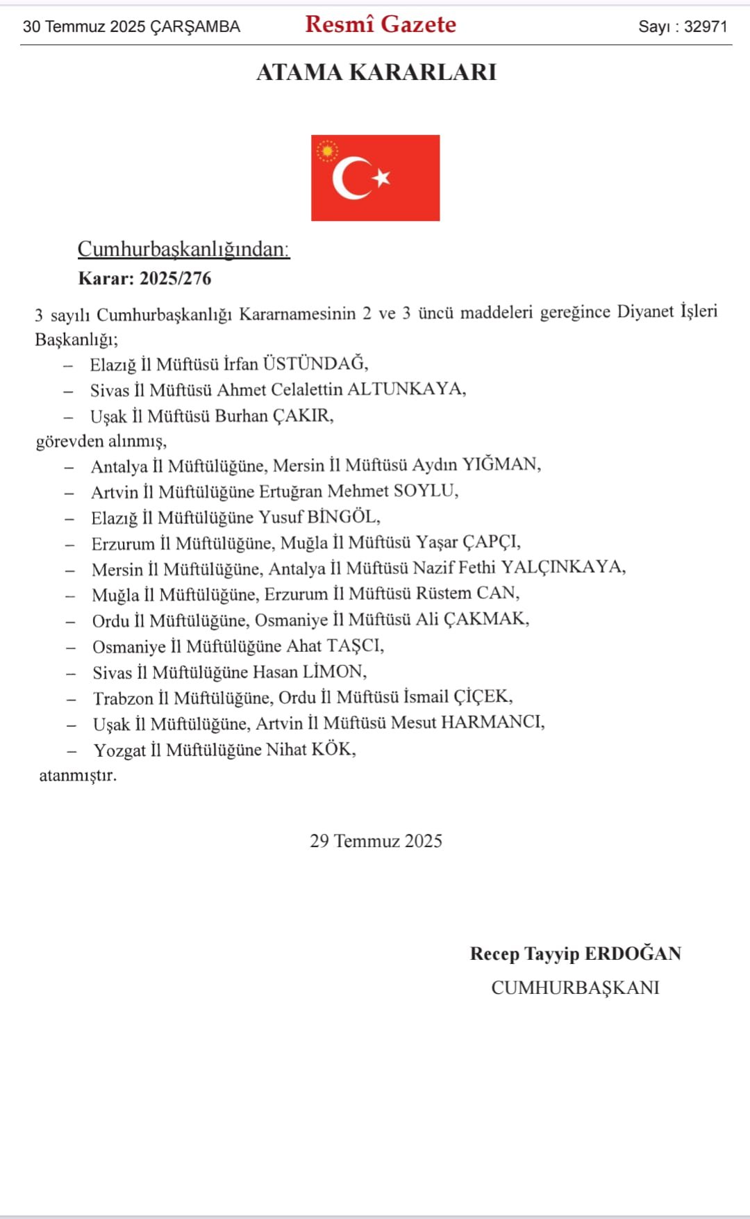 Yeni İl Müftüler Kararnamesi Yayınlandı